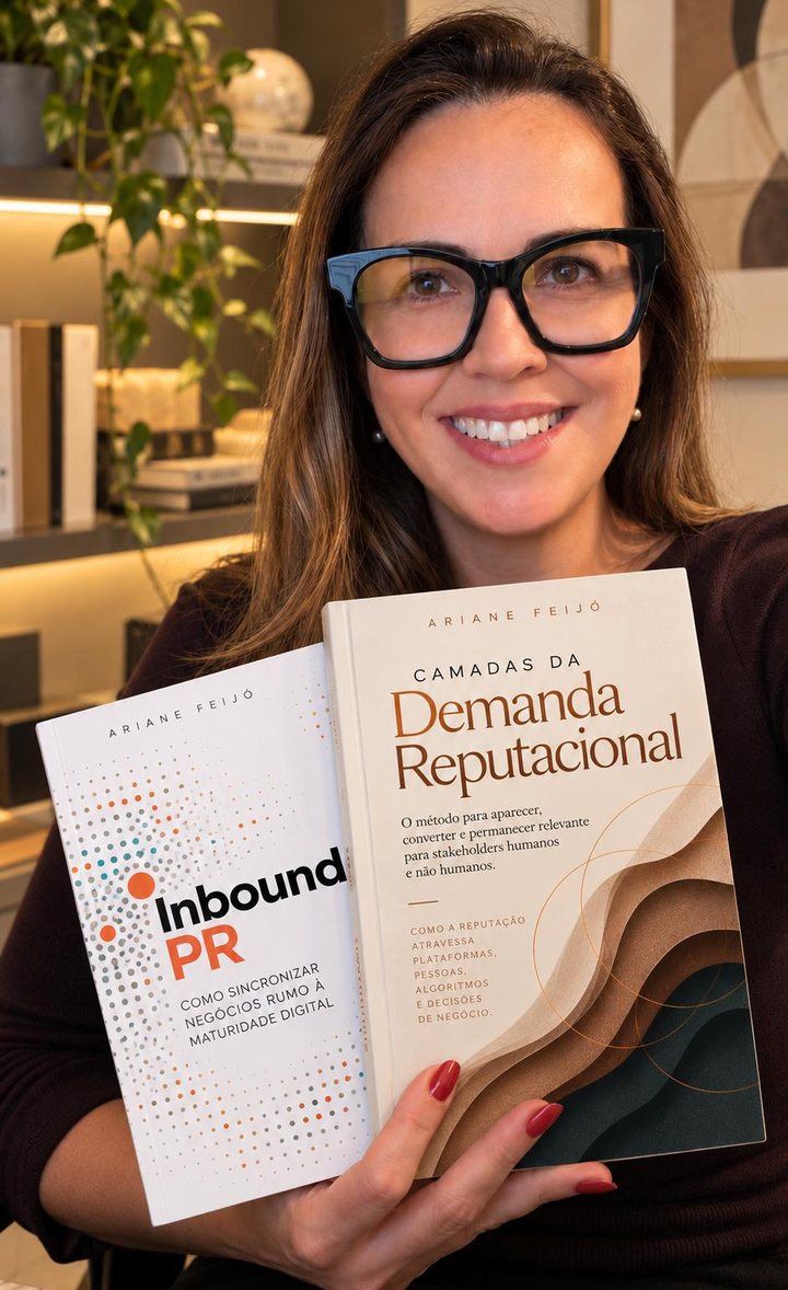 Ariane Feijó segurando os livros Inbound PR e Camadas da Demanda Reputacional
